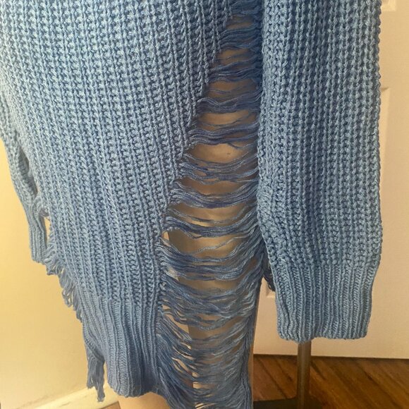Love by CHESLEY Blue Cable-knit Light weight RIPPED Sweater Dress PUNK *SMALL* - Picture 5 of 7